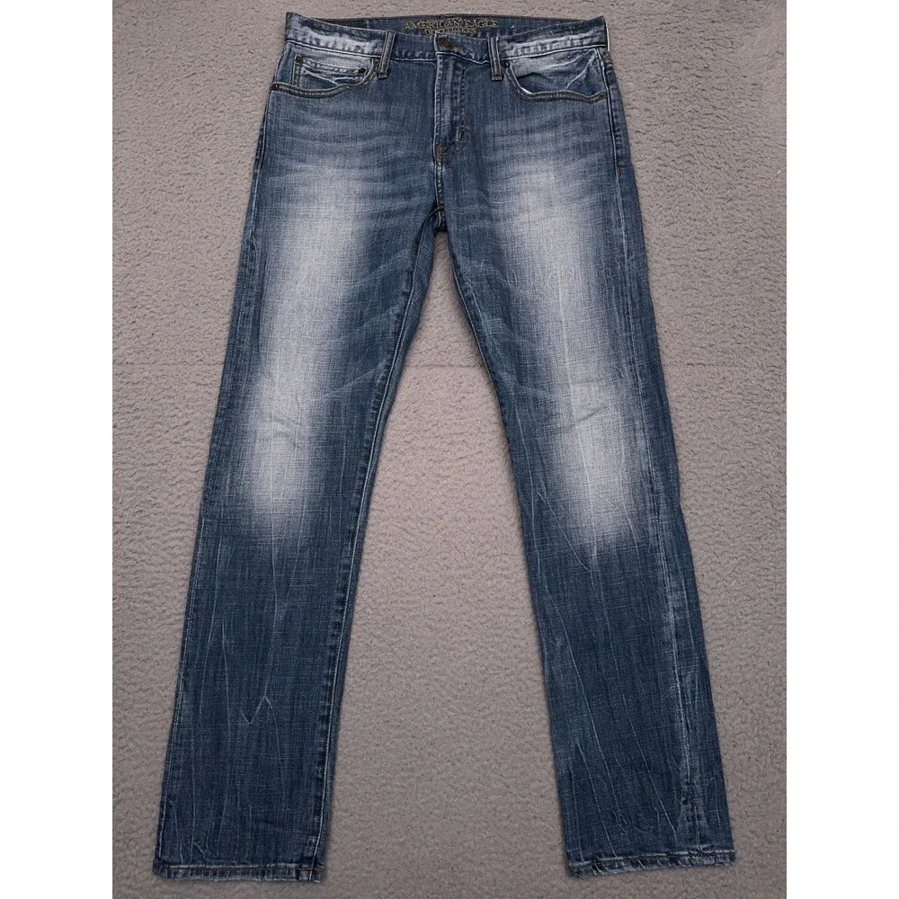 American Eagle Jeans Men's 33x32 Slim Straight Medium Wash‎ Faded Whiskered